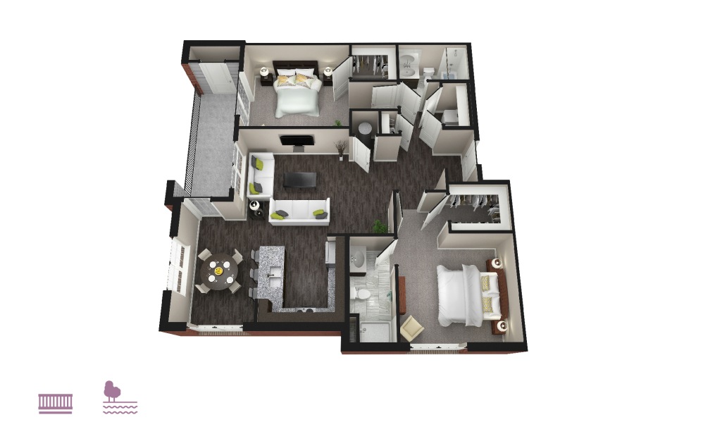 Encore - 2 bedroom floorplan layout with 2 baths and 1239 to 1247 square feet.