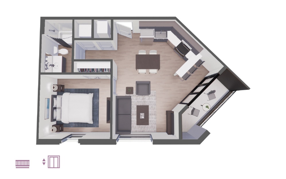 Motif - 1 bedroom floorplan layout with 1 bath and 643 square feet.