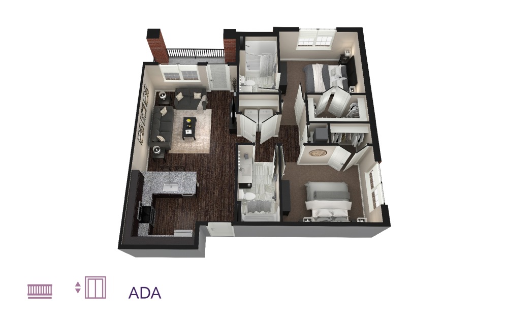 Nova - 2 bedroom floorplan layout with 2 baths and 1028 to 1058 square feet.