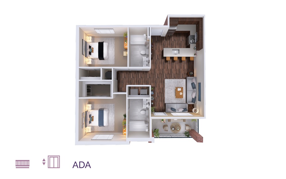 Nova - 2 bedroom floorplan layout with 2 bathrooms and 1028 - 1058 square feet
