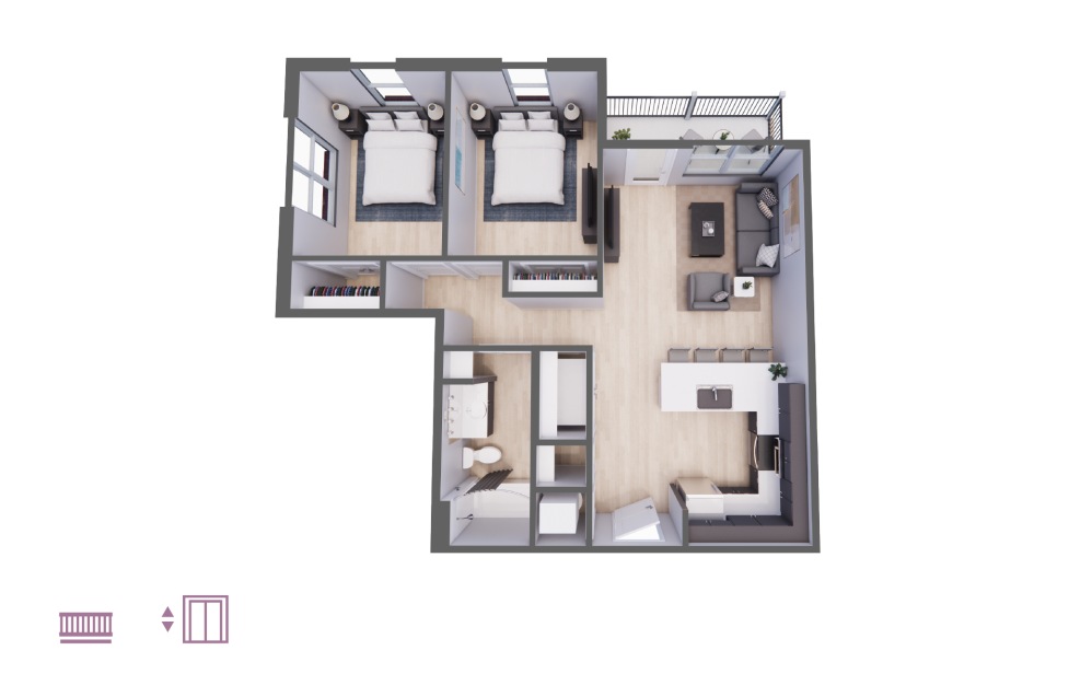 Opus - 2 bedroom floorplan layout with 1 bathroom and 871 - 887 square feet Opus - 2 bedroom floorplan layout with 1 bathroom and 871 - 887 square feet