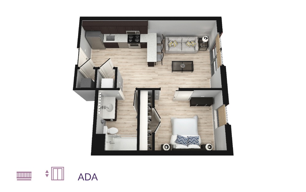 Presto II - 1 bedroom floorplan layout with 1 bath and 613 to 653 square feet.