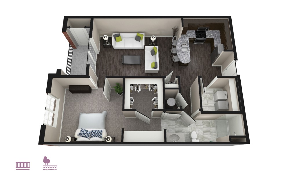 Prima - 1 bedroom floorplan layout with 1 bath and 776 to 1189 square feet.