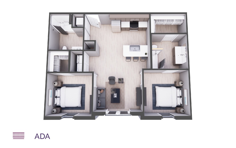 Tempo II - 2 bedroom floorplan layout with 2 baths and 1002 square feet.