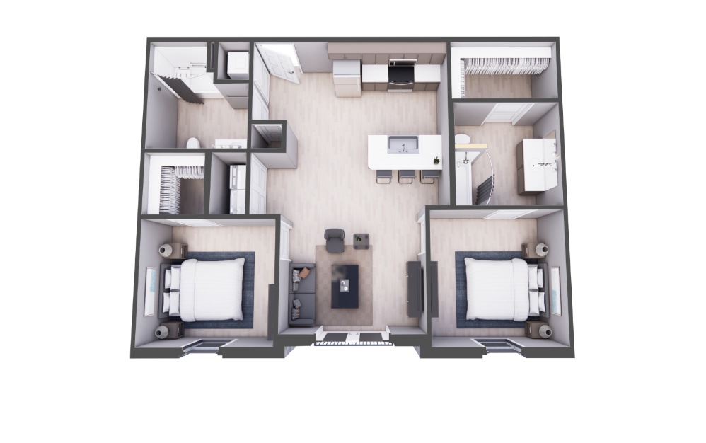 Tempo II - 2 bedroom floorplan layout with 2 bathrooms and 1002 - 1077 square feet
