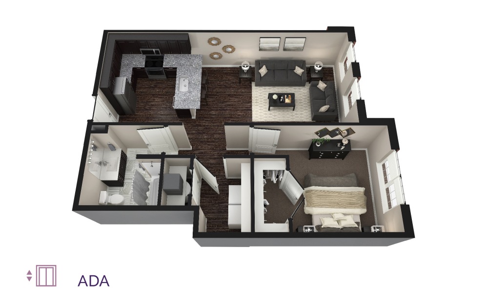 Viola - 1 bedroom floorplan layout with 1 bath and 789 square feet.